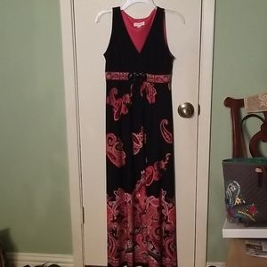 Dress. Black background with red paisley print.